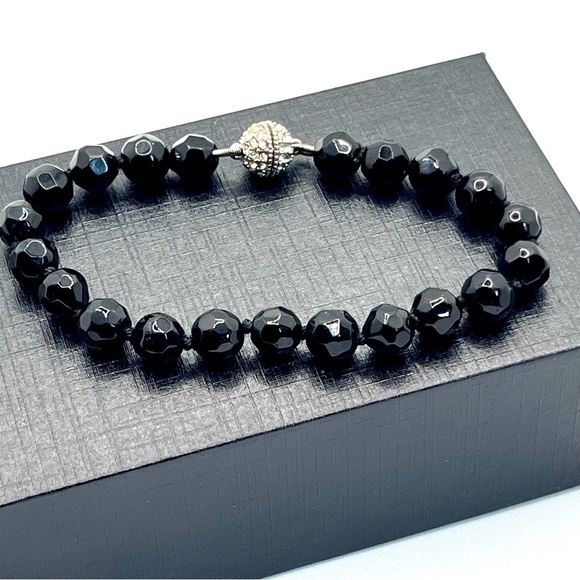 VTG Black Faceted Beaded Bracelet Silver Crystal Clasp 8" - Picture 1 of 7